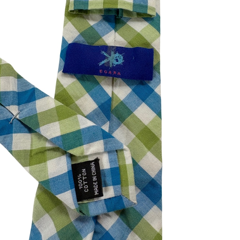 Egara Cotton Tie Mens Blue Green Gingham Check Plaid Slim Narrow‎ Necktie OS
